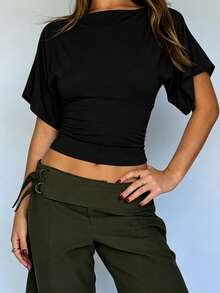 Womens Boat Neck Batwing Tops For Women Cinched Waist Top Tie Back Short Sleeve Shirts Business Casual Clothing - 黑色 - 查看 2