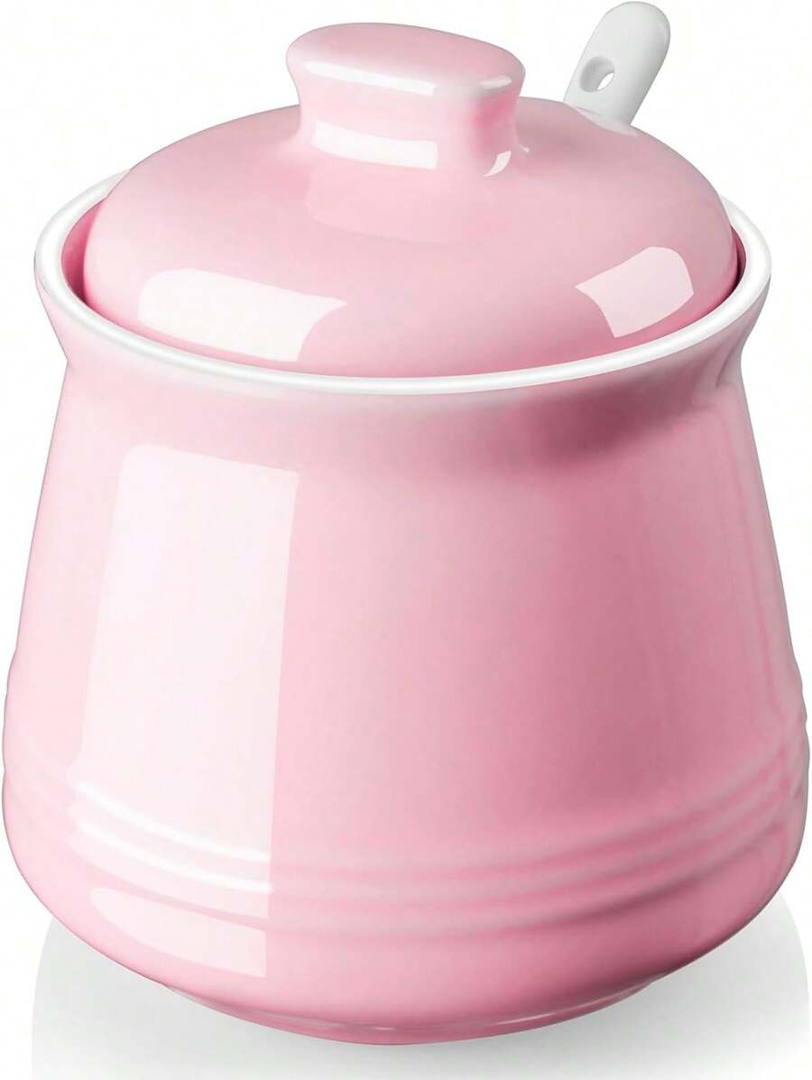 DAYYET Sugar Bowl With Lid And Spoon - 12 Oz Ceramic Sugar Bowl With Spoon - Sugar Container For Coffee Bar - Sugar Jar Sugar Dispenser Bowl - Pink Kitchen Decor And Accessories - ColorB - View 1