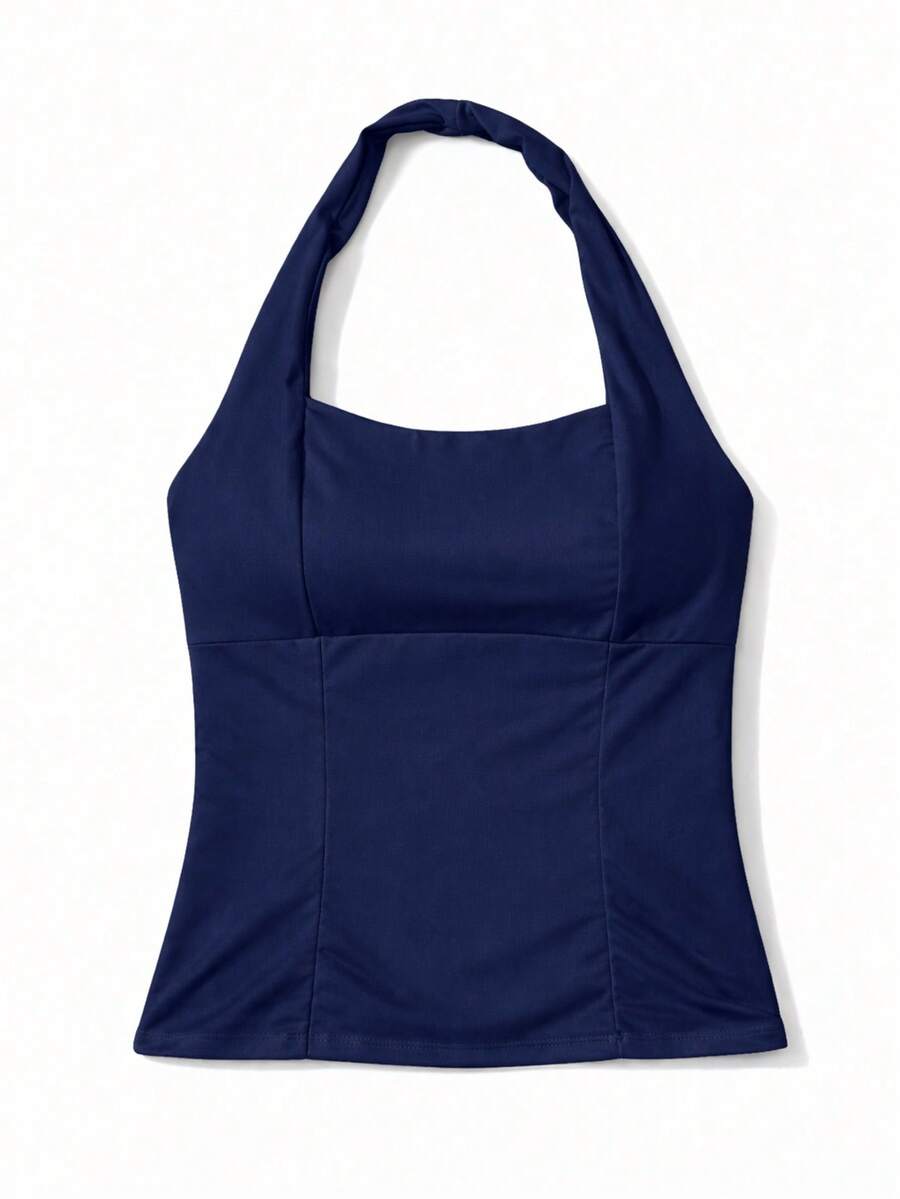 Halter Neck Cropped Top With Open Back, Summer Style, Women's Premium Spandex Fabric With Double Lining - 藏蓝色 - 查看 1