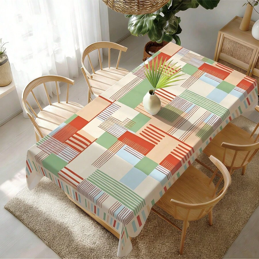 MEMNUN 1PC Colorful Patchwork Geometric Print Pattern Tablecloth, Playful And Vibrant Dining Tablecloth 140*220cm/140*180cm/140*140cm/90*140cm, Printed Polyester Material Table Decor, Home Decor, Kitchen Decor, Table Cloth Rectangle, Table Cloth Square, Home Decor Suitable For Picnic, Camping, Party, Restaurant Buffet, Home Decoration, Dining Table, Tabletop, Countertop Decoration, Home DIY - Multicolor - View 1