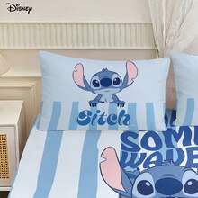 Bộ 3 món Disney họa tiết Stitch dễ thương giơ tay, gồm ga trải giường và 2 vỏ gối, họa tiết sọc xanh dương chủ đề đại dương. - Bộ ga trải giường vừa vặn - Xem 4