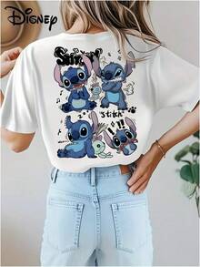 Disney Women's T-Shirt Stitch Print, Soft And Skin Friendly Elastic Casual Short Sleeved Top, Fashionable Short Sleeved Round Neck T-Shirt, Women's Clothing - 白色 - 查看 3