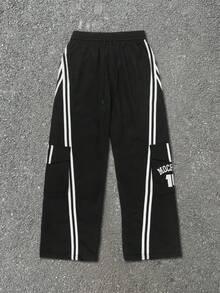 Pantalones cargo deportivos americanos con rayas blancas laterales, para hombres, con estampado de letras, de múltiples bolsillos, rectos y holgados de uso casual - Negro - Ver 3