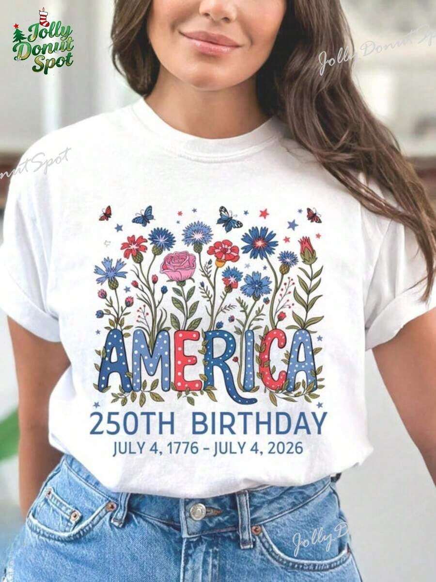 America's 250th Anniversary T-Shirt - July 4, 2026, US Semi-Quinceañera T-Shirt, 250th Anniversary T-Shirt, 100% Cotton, Comfortable Casual Wear Suitable For All Seasons - 白色 - 查看 1