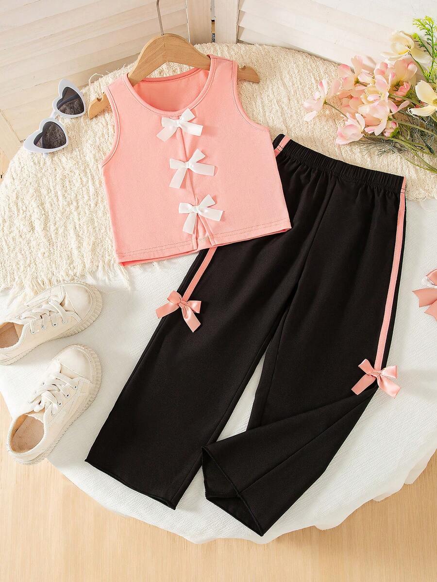 2pcs Girls Casual Outfits, Sleeveless Solid Color Top With 3D Bow Design And Elastic Waist Pants, Spring/Summer - Pink - View 1
