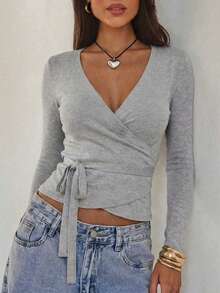 Elegant Fashion Asymmetric V-Neck Twist Long Sleeve T-Shirt, Versatile Daily Wear, New Spring/Autumn Design, Women Spring Clothing, Women Long Sleeve Top Casual - Grey - View 1