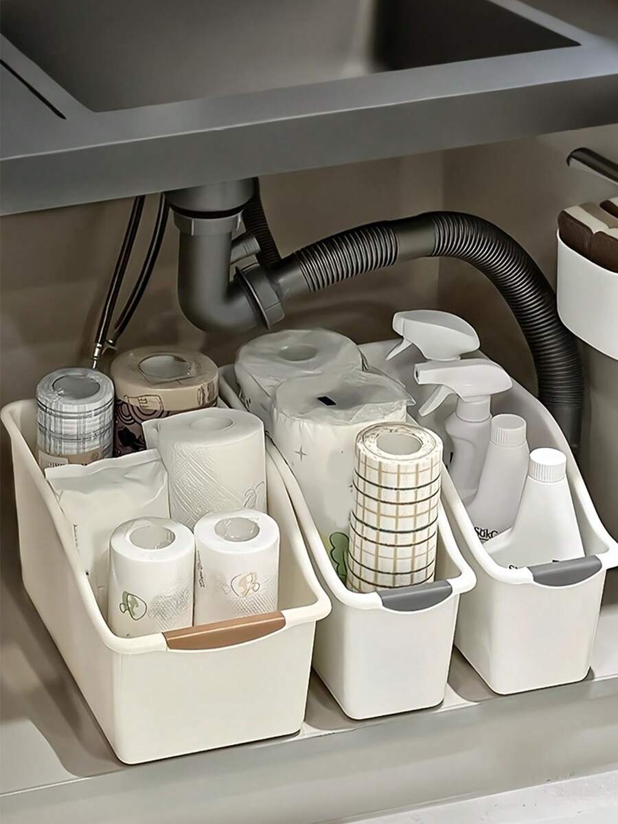 Multifunctional Curved Design Storage Box, Ergonomic Handle, Slanted Opening For Easy And Quick Access, Thickened And Durable, Suitable For Bathroom Vanity, Under Sink, Laundry Room Practical Large Storage Basket, Toy Storage Drawer Organizer