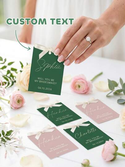 1/3 tấm thiệp mời phù dâu mạ vàng cá nhân hóa, chữ tùy chỉnh, thiệp nhỏ màu xanh lá cây và vàng, thiệp mời phù dâu màu xanh lá cây rừng, đám cưới chủ đề rừng rậm, thiệp "Em sẽ làm phù dâu chứ?"