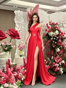 Sleeveless Elegant Side Slit Minimalist Red Long Dress, Suitable For Cocktail Party And Evening Gown - Red - View 5