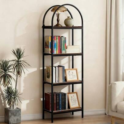 4 Or 5-Tier Tall Black Metal Frame - Freestanding Wood Display Shelf – Tall Storage Organizer For Living Room,