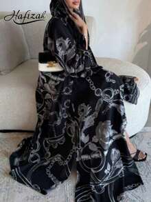 Hafizah 2pcs Floral Print Chain Decor Abaya Set, Middle Eastern Dubai Cardigan With Headscarf Spring Black - Black - View 2