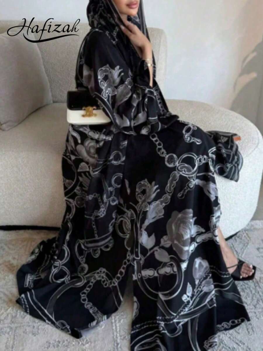 Hafizah 2pcs Floral Print Chain Decor Abaya Set, Middle Eastern Dubai Cardigan With Headscarf Spring Black