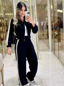 Women's Two-Piece Set: Long-Sleeved Jacket And Wide-Leg Pants - 黑色的 - 查看 1