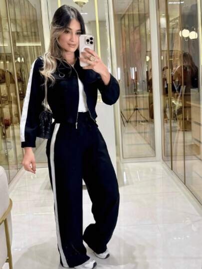 Conjunto Feminino Jaqueta Manga Longa  e Calça Pantalona Duas Cores