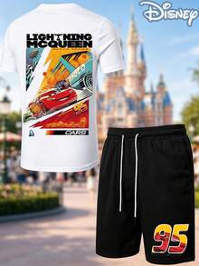 Disney Cars Lightning McQueen Racing Series 2-Piece Outfit, Summer T-Shirt & Summer Shorts Set, Race Scene Graphic, Casual Summer Matching Set For Fans - White - View 2