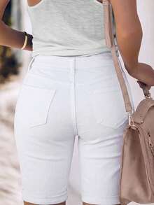 Celana Pendek Denim Kasual Modis untuk Wanita, Putih, Musim Semi/Panas - Putih - View 2