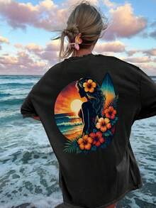 Women's Double-Sided Print T-Shirts, Vintage Style, Surfboard Pattern, Hibiscus Flower, Sunset, Ocean Waves, Pure, , Casual, Loose Fit, Short Sleeves, Round Neck, Oversized Women's T-Shirts. - Black - View 3