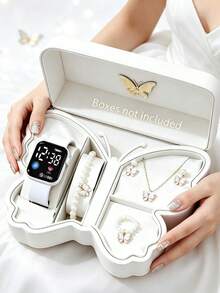 6/5 Reloj electrónico con pantalla LED con patrón de la Tierra, elegante y de moda, adecuado para que las niñas lo usen. Se puede combinar con un conjunto de joyería con forma de mariposa que incluye collar, pulsera, anillo y pendientes, adecuado para usar en fiestas, reuniones y viajes para consultar la hora, y también muy adecuado como regalo de cumpleaños, Navidad, inicio de clases, temporada de graduación, Día de San Valentín, Navidad, Día de la Madre para niñas. - Multicolor - Ver 6