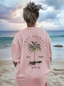 TopsWomen's Casual Round Neck Palm Tree & Letter Print Vacation Style Short Sleeve T-Shirt Top, White & Pink Women's Summer Cotton Short Sleeve T-Shir - 粉色 - 查看 3
