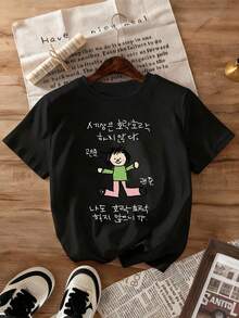 Plus Size Women's Casual Minimalist Short Sleeve Top, Featuring Cartoon Character Print, Fashionable And Versatile Black Summer - Black - View 7