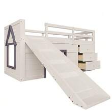 Low Bunk Bed 90 X 200 Cm With Slide, Three Drawers And Two Doors, Cream Color. - 白色 - 查看 8