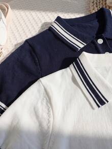 2 Stücke/Set Jungen Schul-Stil Farbblock gestreifter Polokragen Kurzarm Strickpullover, leichter Pullover geeignet für Schule, Frühling, Sommer, Herbst - marineblau - Übersicht 5
