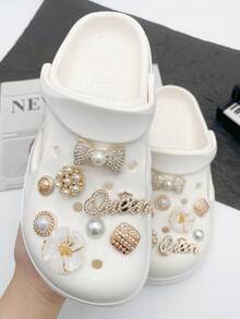 16 pièces Clips de chaussures polyvalents en or avec nœud et perle, décorations amovibles DIY pour chaussures de femmes, sandales, sacs de plage, convient pour les cadeaux de vacances et d'anniversaire - Doré - Voir 5