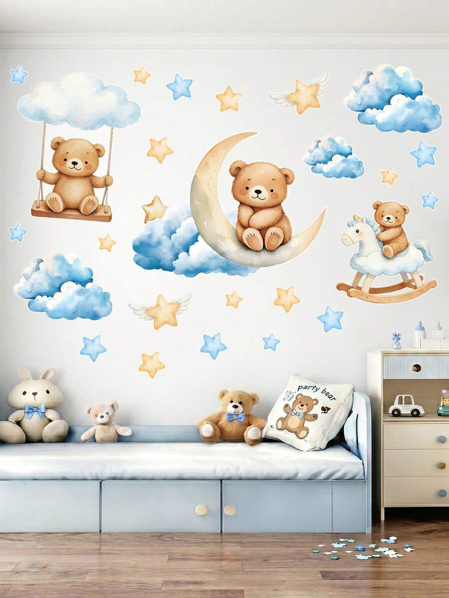 44 Stücke blaue Cartoon niedliche Bär Wandaufkleber, Panda Wolke Stern Muster PVC selbstklebende Wandaufkleber, geeignet für Babyparty Dekoration, Geschlechtsenthüllung Dekoration, Kinderzimmer Dekoration, 1. Geburtstag Dekoration, Wohnzimmer Schlafzimmer Arbeitszimmer Wanddekoration, Flur Dekoration, Büro Dekoration, Heimdekoration, Frühlingsdekoration, bringt frische Atmosphäre ins Zuhause, Abschlussfeier Dekoration