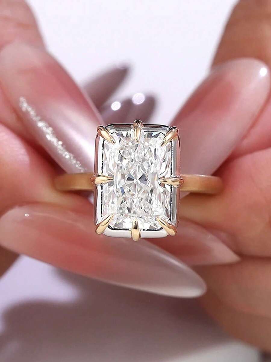 Nhẫn đôi cao cấp, siêu sáng bóng, hình học, đính đá Cubic Zirconia tròn, quà tặng trang sức cho lễ đính hôn, đám cưới và tiệc tùng. - Trắng và vàng - Xem 1