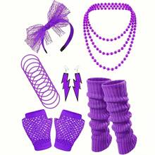1/4/5/6 80年代女裝Cosplay服裝配件6件組：蕾絲髮帶、耳環、露指網狀手套、腿套、手鍊與項鍊。適合80年代派對。 - 彩色 - 查看 8