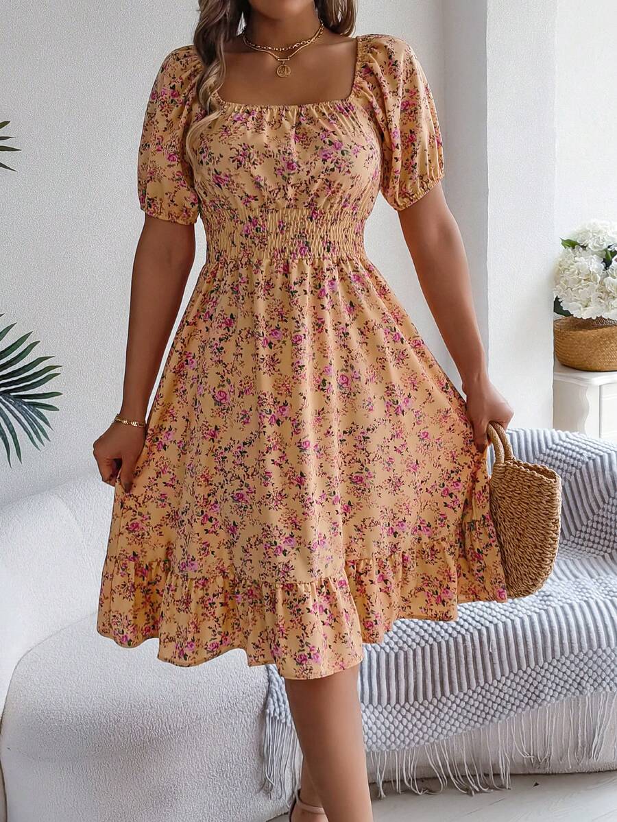 Women's Casual Vacation Petal Sleeve Drawstring Ditsy Floral Mini Dress, Spring/Summer Elegant - Yellow - View 1