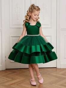 Young Girls' Sleeveless Tulle & Satin Bow Back Elegant Fancy Party Dress, Suitable For Attending Banquets, Flower Girl Weddings, Does Not Include Headband - Dark Green - View 5