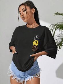 Camiseta de hombros caídos con estampado de cara de dibujos animados - Negro - Ver 4