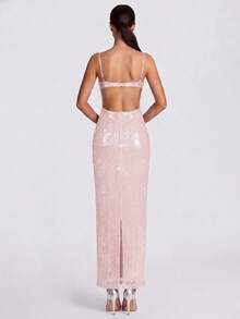 Women's Solid Color Backless Tie-Knot Sequin Patchwork Spaghetti Strap Party Dress - Pink - View 2