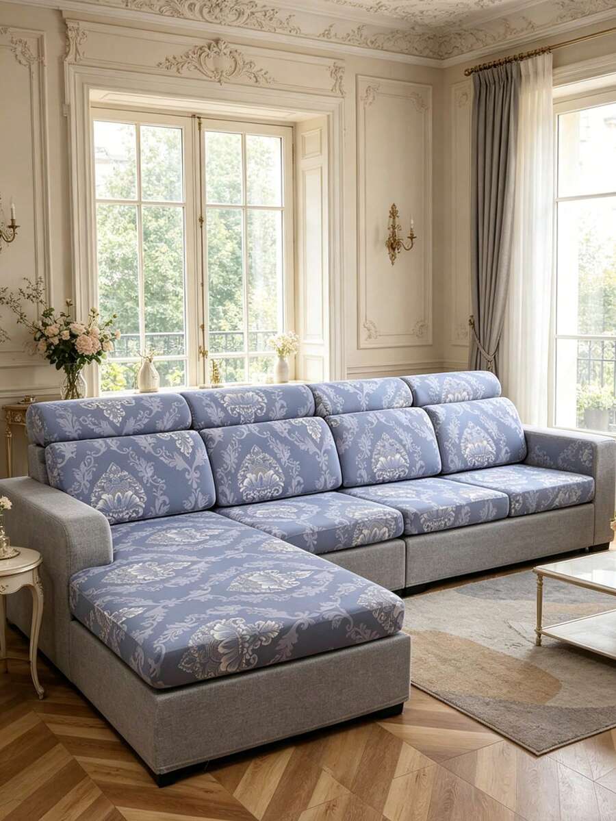 1件装印花弹力沙发座垫套，L型沙发套，独立沙发靠背垫套，家具保护套，弹力沙发座垫套 - 灰藍色 - 查看 1
