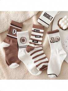 4 Pairs Random Socks, Suitable For Female Students In Spring And Autumn, Fashionable Korean-Style Knee-High Socks, Athletic American-Style Knee-High Socks, Comfortable For Daily Wear - Multicolor - View 4