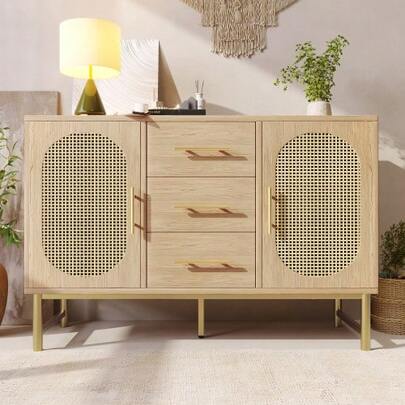 Rattan Kommode Sideboard Mit 3-Schubladen Und 2-Rattan-Türer, Komodenschrank, Schminktisch, Für Schlafzimmer Und Wohnzimmer, Verstellbare Regale, Kippschutz, 120 X 40 X 74 Cm, Sonoma Eiche