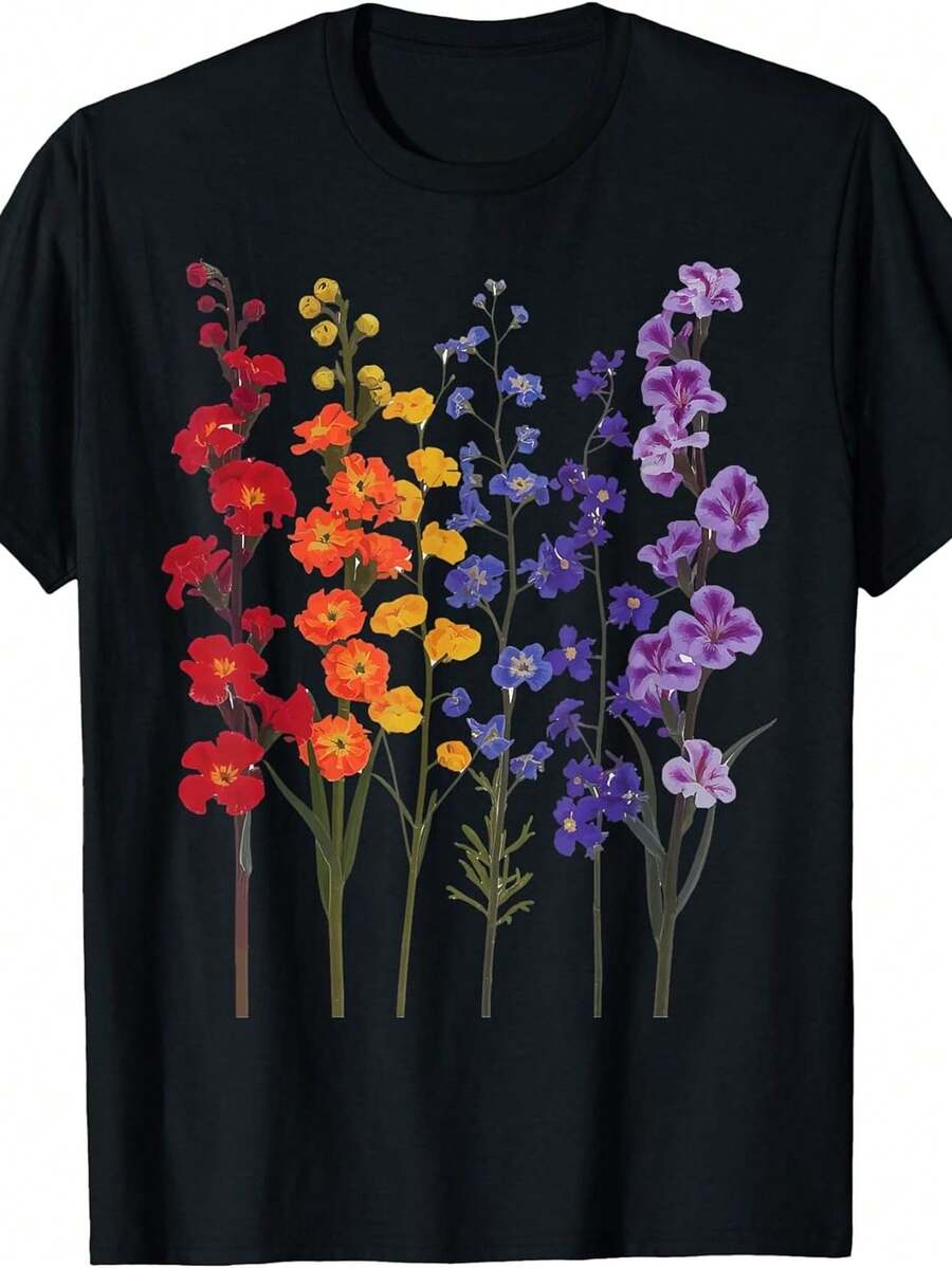 Colorful T-Shirt With Wildflower Print - Black - View 1