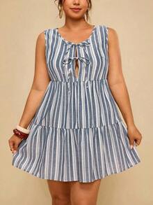 Vestido corto sin mangas de algodón negro con lazo frontal versátil y casual de talla grande - Azul y blanco - Ver 7