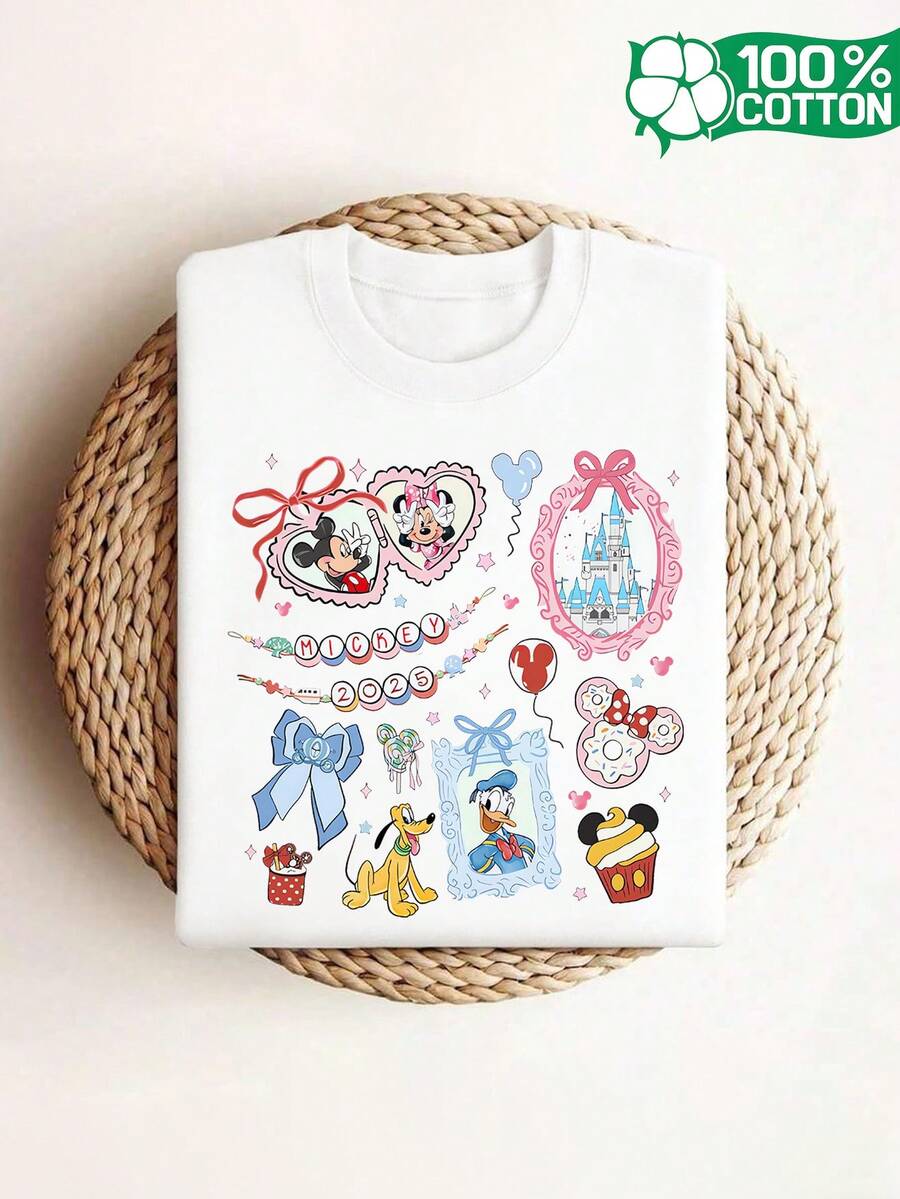 Spring And Summer Women'S Pure Short-Sleeve Disney Licensed Casual T-Shirt Featuring Prints And Text Of Mickey, Minnie, Donald Duck, And Goofy With A Castle Design. A Stylish Round-Neck T-Shirt Made Of 100% Pure - 白色 - 查看 1