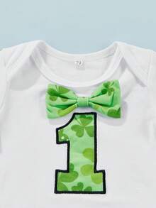 Infant Baby Boys Summer Suit, Short Sleeve Number Printed Bowknot Romper Tops Printed Suspender Triangle Shorts - Verde - Ver 5