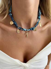 1pc Bohemian Vintage Bow, Heart, Flower, Cross Pendant Print Scarf Charm Metal Necklace, Luxurious Elegant Casual Minimalist Streetwear, Suitable For Wedding, Holiday, Party, Birthday, Couple, Versatile Fashion Necklace Gift For Women - Necklace - View 4