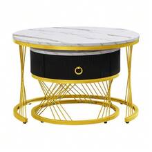 Elegant Modular Coffee Table: Marble Look, Gold Decoration, Side Table With Drawers – Set Of 2 - White - View 7