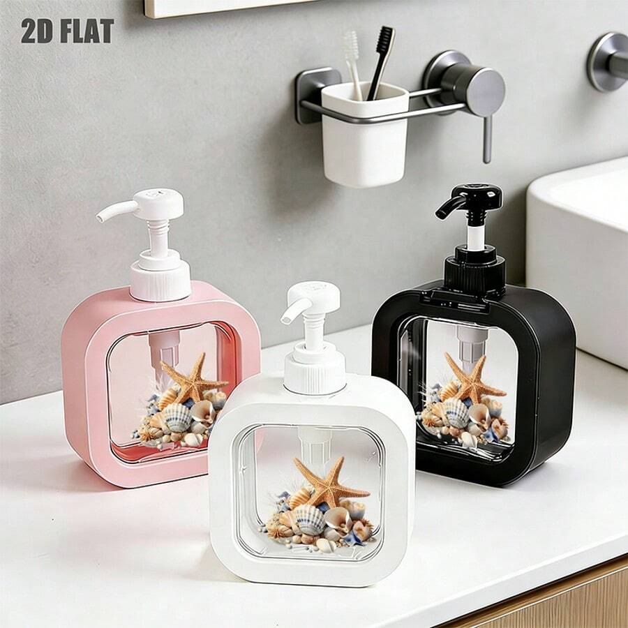 Dispensador de baño creativo con bomba manual - Composición de estrella de mar y concha, fondo negro, diseño vibrante, adecuado para baño, cocina, fregadero - Para jabón, lavado de manos, gel de ducha, etc. - Dispensador de loción innovador, accesorios de baño - 1 artículo rosa - Ver 1