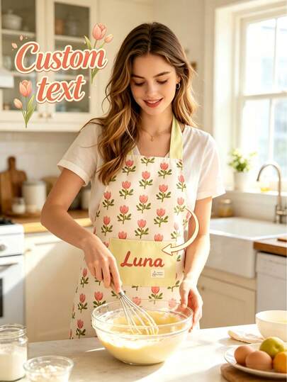 1 stuk gepersonaliseerd keukenschort met bloemen- en tulpenprint - Chef-kokschort met eigen naam en schattige tulpenprint, verstelbare nekband, voorzak en duurzame stof. Personaliseer met je eigen naam/bericht. Perfect schort voor koken, bakken, tuinieren en schoonmaken. Een geweldig cadeau voor moeders, oma's, bloemenliefhebbers, thuiskoks en huisvrouwen.