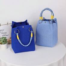 Bolso de mano pequeño de punto calado personalizado para niña, bolso cubo de tejido chic con asa superior, bolso tote cuadrado mini estructurado con detalle de anillo metálico - Multicolor - Ver 10