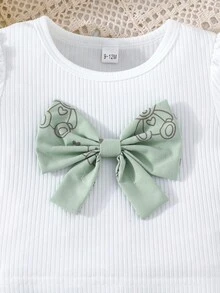 2 pezzi/Set Outfit stile dolce per bambine, Top a costine lavorato a maglia con decorazione a fiocco e stampa a cuore + Gonna plissettata in tessuto, Maniche a palloncino, Gonna plissettata a-line, Estate - Verde - Visualizzare 7