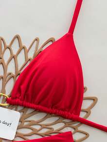 2pcs Solid Color Sexy Backless Tie-Up Bikini Swimwear, Suitable For Beach, Resort, Stage And Concert In Summer Red Vacation - Red - View 3