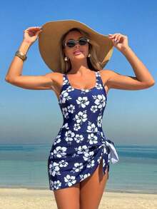 Swim Lushoire Traje de baño de una pieza con estampado floral y nudo, adecuado para vacaciones - Multicolor - Ver 6
