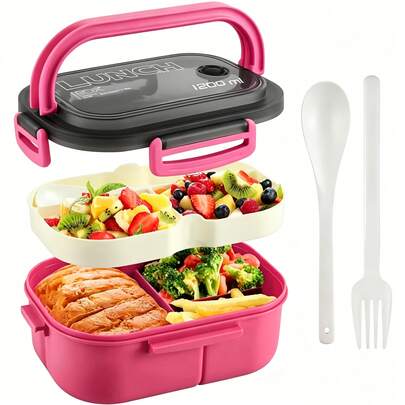 Set de 3 cajas de almuerzo Bento, adecuadas para hombres y mujeres, caja de almuerzo a prueba de fugas de doble capa de 1200ml con asa, reutilizable, apta para microondas y lavavajillas, incluye juego de utensilios